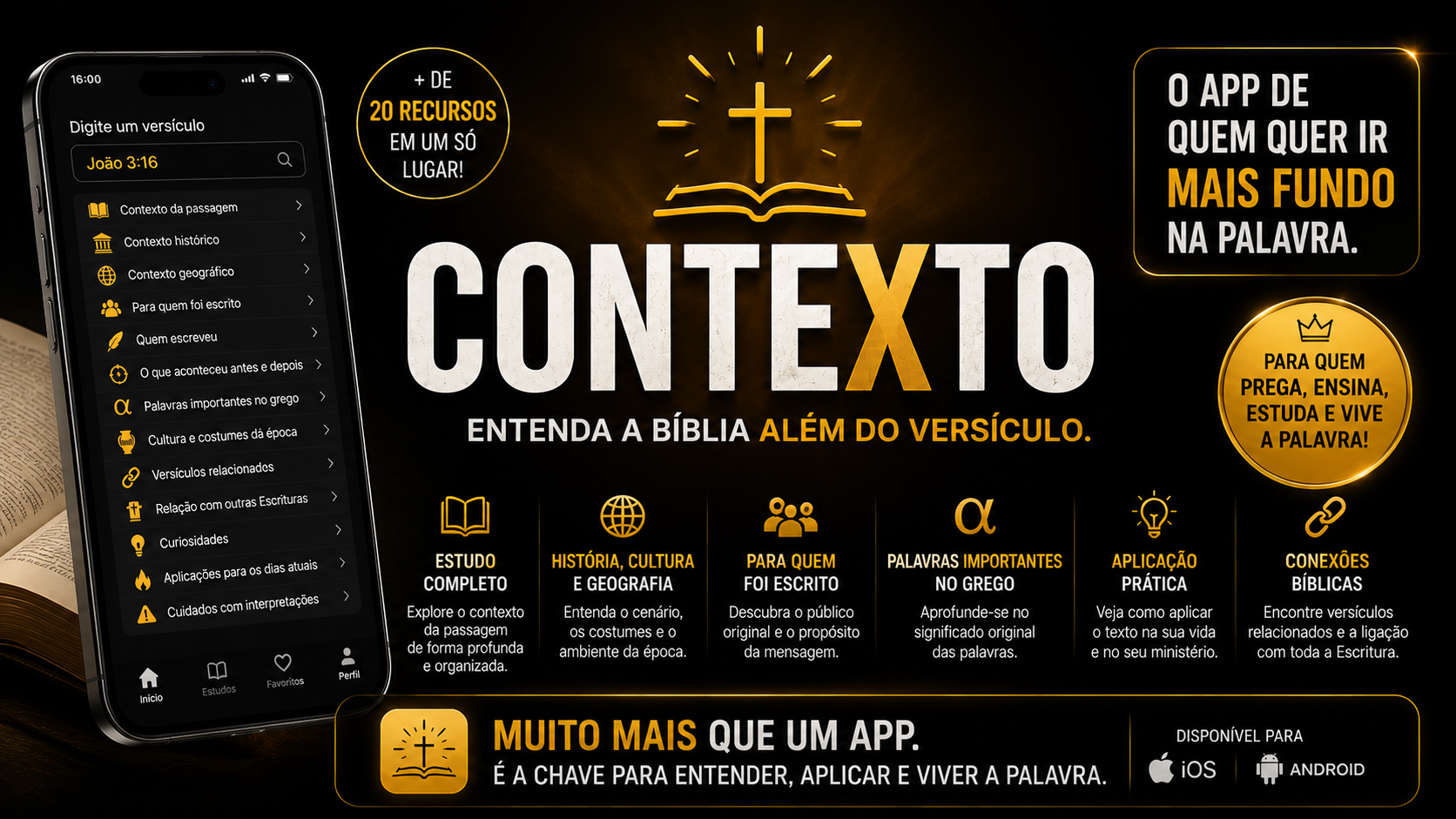 Tela do app Contexto mostrando uma passagem bíblica com painéis de contexto histórico e cultural